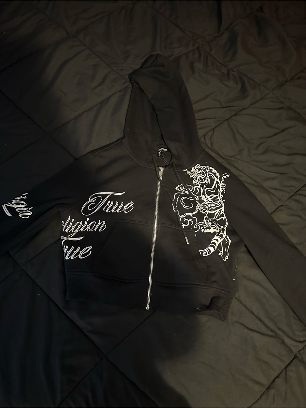 True Religion Black Zip Hoodie with White Tiger Graphic